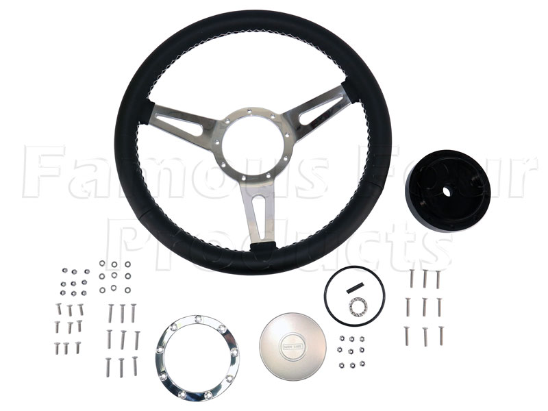 Steering Wheel - Williams - 3 Spoke Black Leather Clad with Silver Spokes and Silver Centre Boss